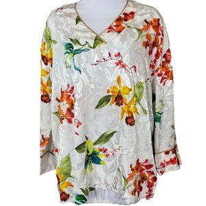 Mary McFadden Long Sleeve Floral Brocade V-Neck VTG Sleep Shirt Small